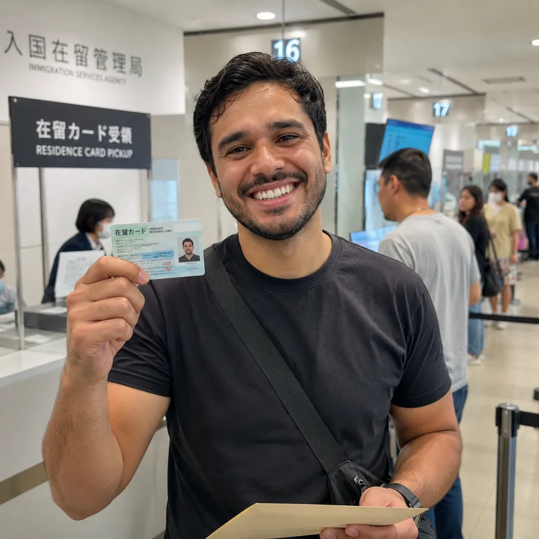 Homem sorrindo com o cartão de residência em mãos