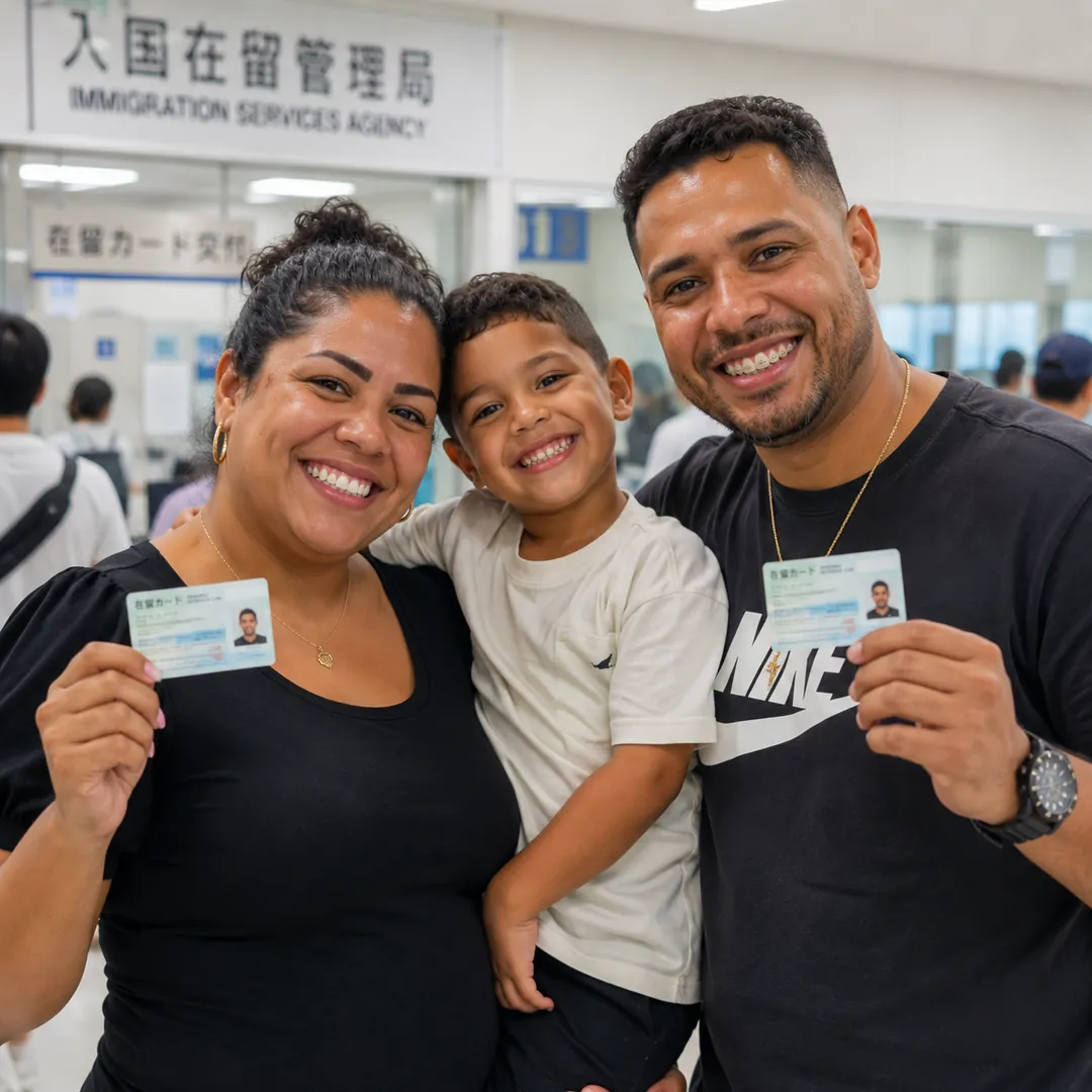 Família feliz segurando o cartão de residência