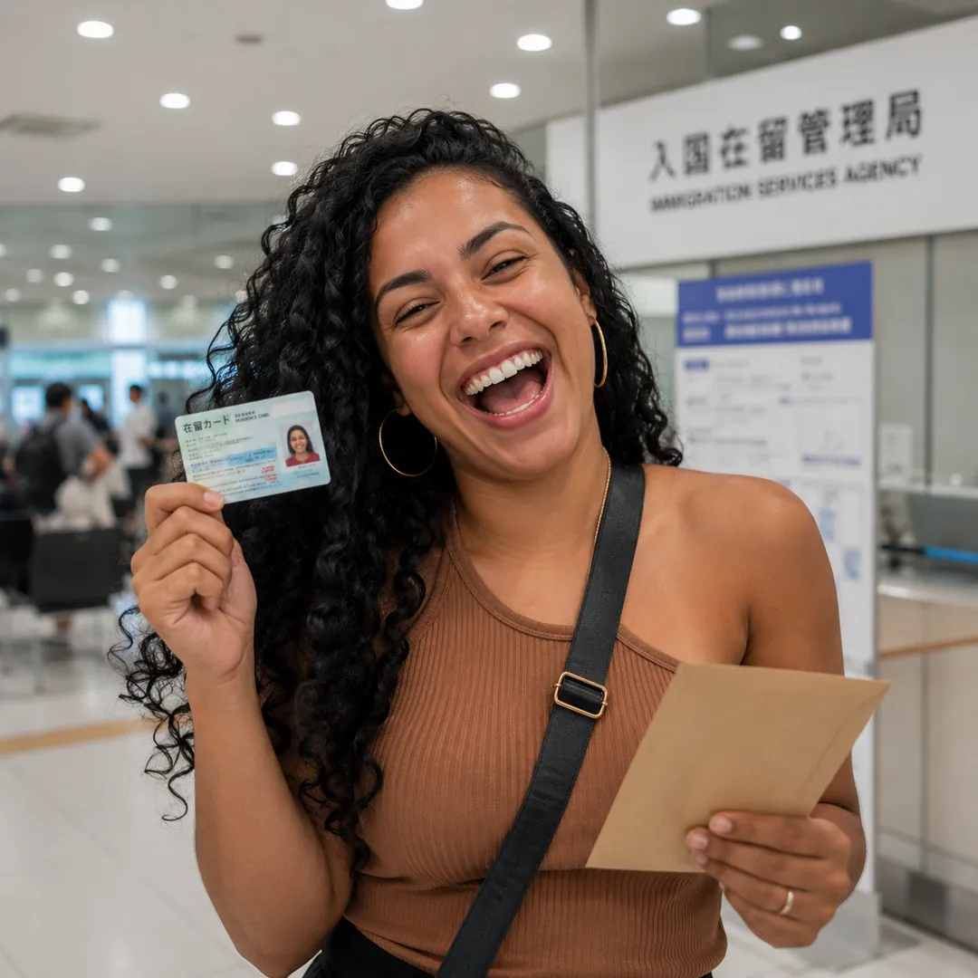 Mulher sorrindo com o cartão de residência em mãos