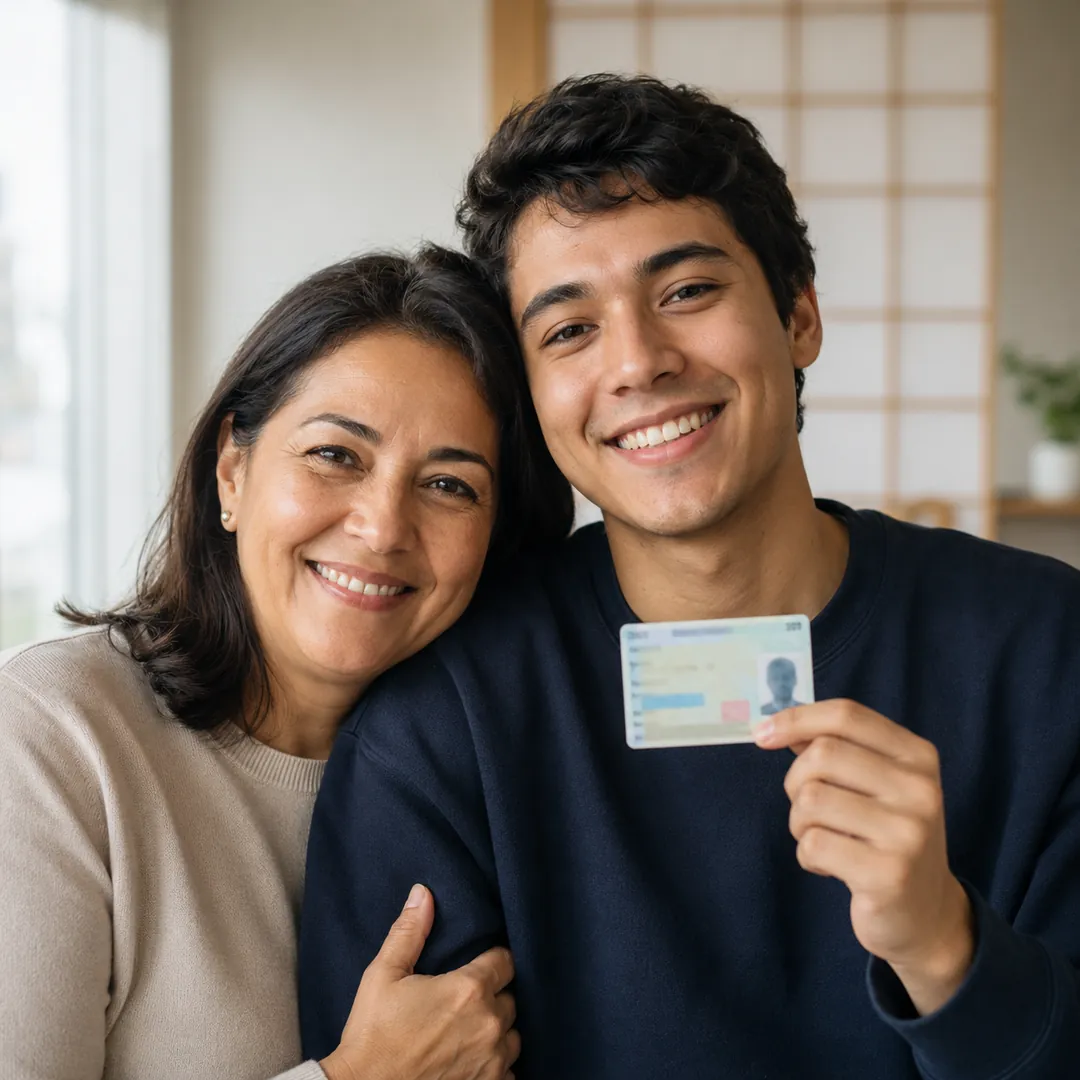 Mãe e filho sorrindo com o cartão de residência
